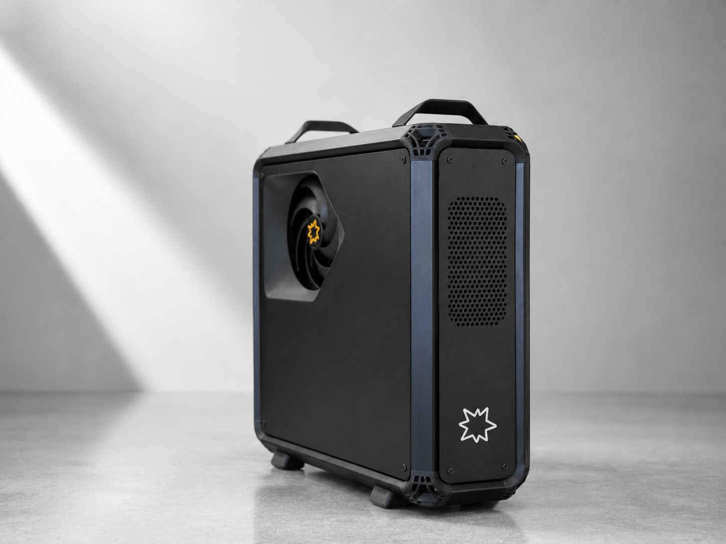 Black Lucebox enclosure in a grey studio, side and front panel view