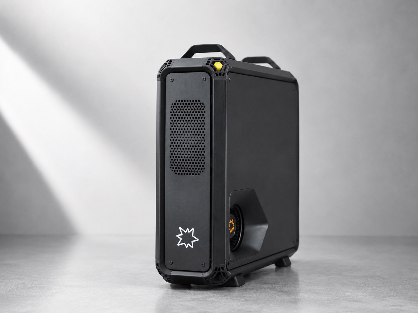 Black Lucebox enclosure in a grey studio, front and side view