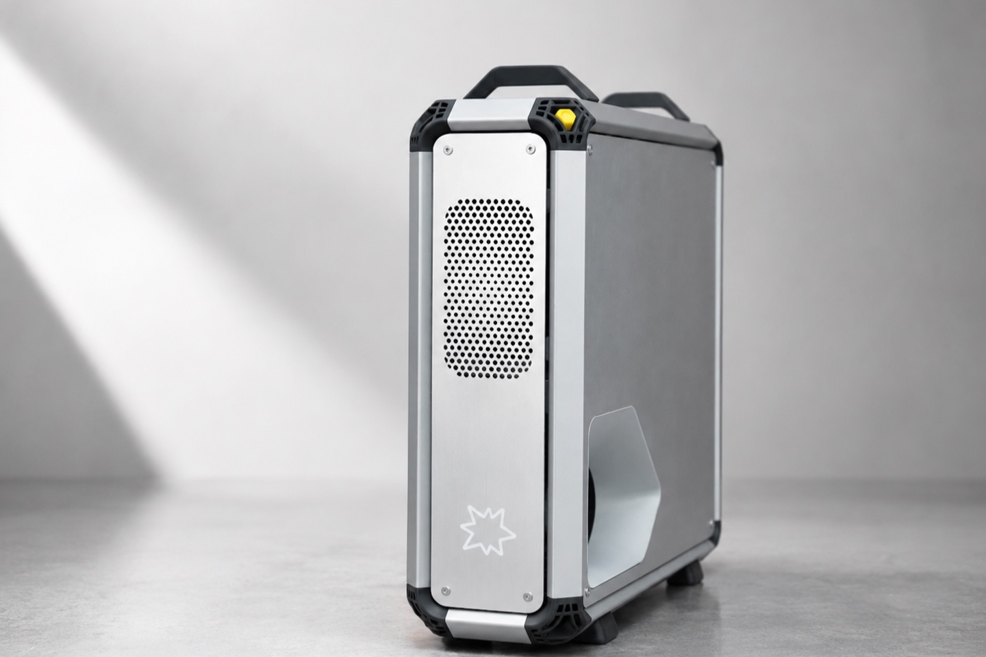 Gray Lucebox enclosure in a studio, front three-quarter view